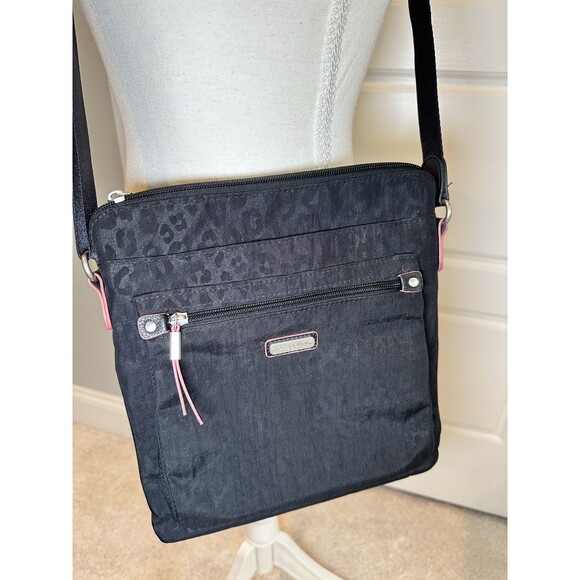 Baggallini Handbags - Baggallini Crossbody Bag Black Leopard Cheetah Pink Trim Nylon Travel Bag RFID